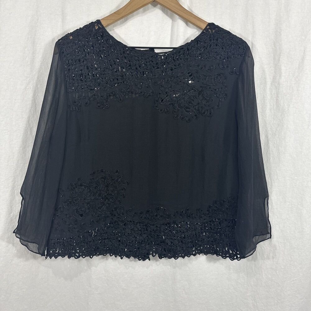 Vera Cristina Black Silk Vintage Beaded Sheer Embroidered Top Womens Sz L Formal